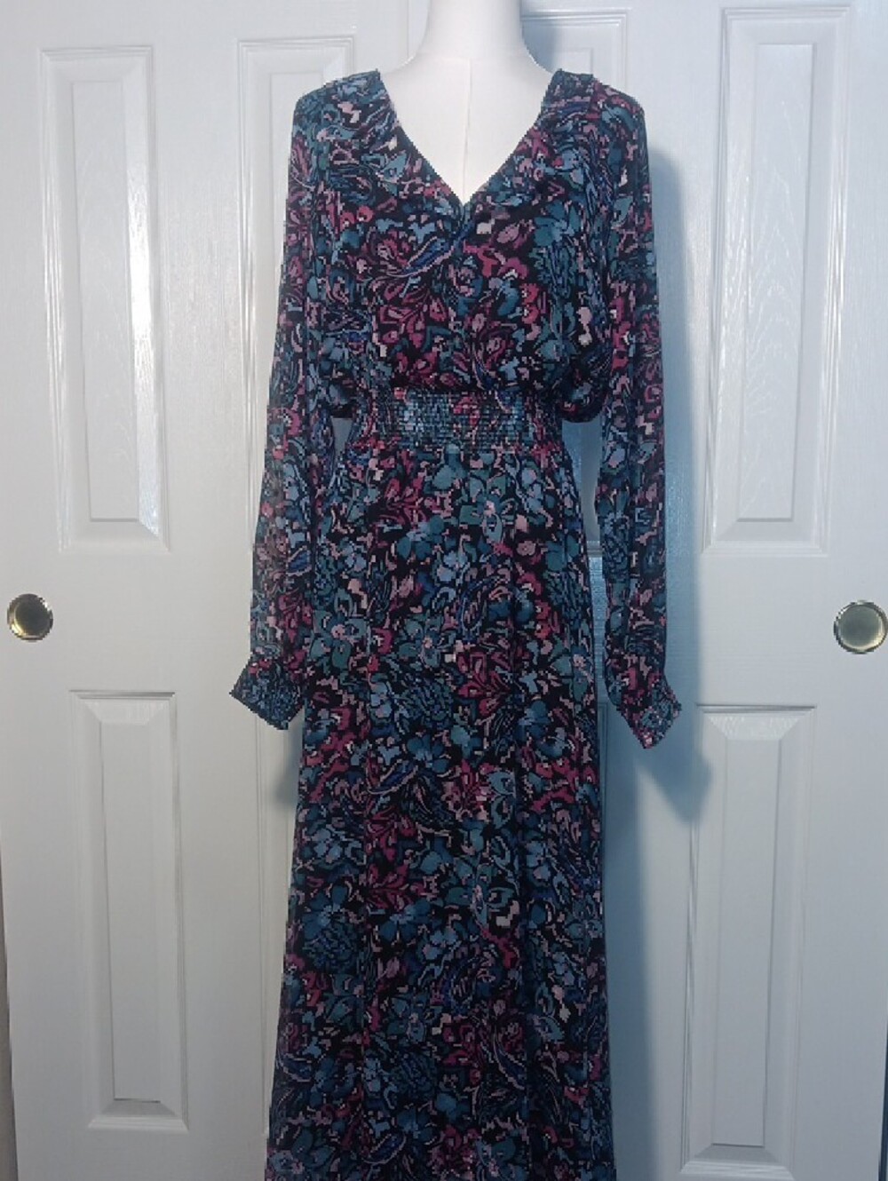 Nanette Lepore Teal Navy & Pink Floral Long-Sleeve Bohemian Maxi Dress - Picture 2 of 12